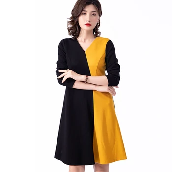 Jeseň Jar Plus Veľkosť Čiernej A Zlatej Bežné Šaty Pre Ženy tvaru Dlhý Rukáv Sequined Pás Riadok Office Dámske Šaty