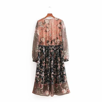 Jeseň kvetinový tlač vintage šaty žien dlhý rukáv šaty Boho v krku šifón dlhé šaty elegantné, elegantné party šaty vestidos 2018