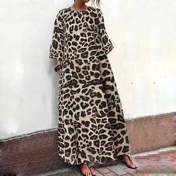 Jeseň Nové Sexy Leopard Tlač V Krku Dlhé Šaty Ležérne Módne Ženy Svietidlo Dlhé rukávy Šiat Voľné Elegantné Party Šaty