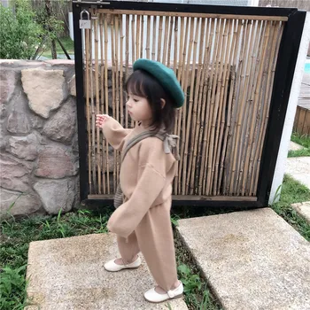Jeseň roku 2019 Nové kórejská Verzia Dievča Voľný čas Voľné Core-Priadza spradená Sveter Oblek s široké leginy pre dievčatká batoľa, dieťa handričkou