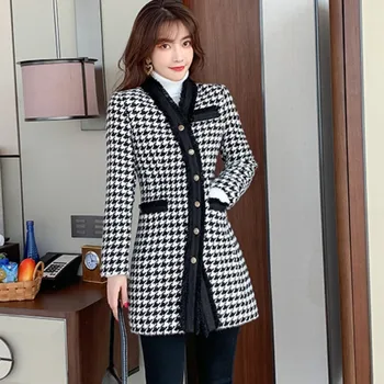 Jeseň Zima Houndstooth Vlnené Tweed Dlhé Kabáty Ženy S Dlhým Rukávom Vintage Single-Breasted Módne Kórejský Elegantné Kabáty