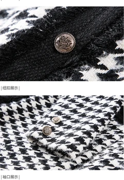 Jeseň Zima Houndstooth Vlnené Tweed Dlhé Kabáty Ženy S Dlhým Rukávom Vintage Single-Breasted Módne Kórejský Elegantné Kabáty
