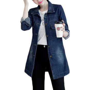 Jeseň Zima kórejský Denim Jacket Ženy Štíhle Dlhé základným náterom Žien Rozštiepené Námornícka Modrá Plus veľkosť Jeans Bundy Kabáty Pohode 5XL A364