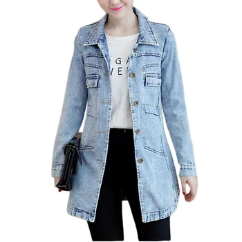 Jeseň Zima kórejský Denim Jacket Ženy Štíhle Dlhé základným náterom Žien Rozštiepené Námornícka Modrá Plus veľkosť Jeans Bundy Kabáty Pohode 5XL A364