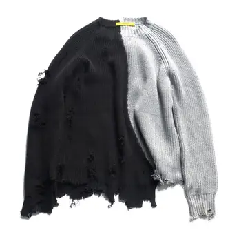 Jeseň zima mužov roztrhlo otvor mozaika nadrozmerné pletený sveter nepravidelný dizajn hip hop, punk knitwear ženy pulóver vintage