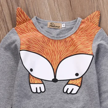 Jeseň Zima Novorodenca Dievča Cartoon Topy, Mikiny S Dlhým Rukávom Jeseň Voľné Sivá Bavlna Fox T-Shirt Topy
