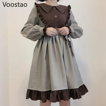 Jeseň Zima Ženy Gothic Lolita Šaty Japonský Mäkké Sestra Roztomilý Dlho Lístkového Rukáv Kockované Šaty Jar Kawaii Dievčatá Obväz Šaty
