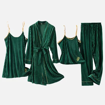Jeseň Zlato Nežnej Ženy Pajama Nastaviť Teplé Sleepwear 2020 Žena Štyri Kus Oblečenie Pre Voľný Čas Elegantná Výšivka Lady Sleepwear