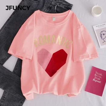 JFUNCY Módne Candy Farby kórejských Žien T Shirt 2020 Lete Karikatúra Tlače 90. rokov Dievča Topy Krátky Rukáv Voľné T-shirt Žena Tees