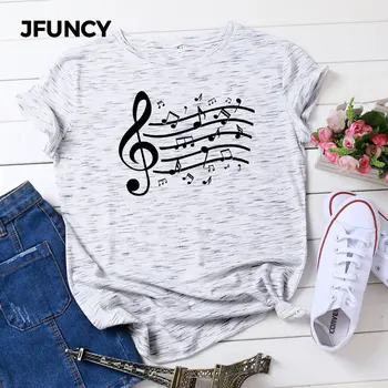 JFUNCY Plus Veľkosť Ženy Bavlna T-Shirt Hudobné Poznámky Tlač Graphic Tee Ženy Letné Topy Žena Harajuku Tričko kórejský Košele