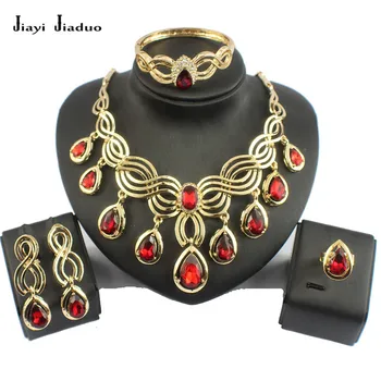 Jiayi jiaduo Afriky perličiek šperky set Zlata-farebná náhrdelníky náušnice red crystal kvapky ženské kúzlo svadobné svadobné šperky set