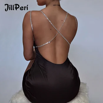 JillPeri Ženy Diamond Strip Backless Strany Mini Šaty, Sexy Iskru Prezervatívy, Nočný Klub Nosiť Čierne Saténové Šaty