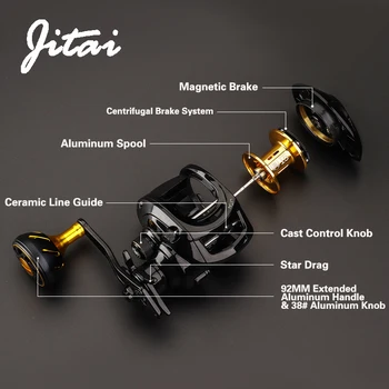 JITAI Baitcasting Fishing Cievky Dual Brake System 7.0:1 Vysokej Rýchlosti CNC Predĺžená Rukoväť Gombík 8 kg Uhlíkových Vlákien Drag Fishing Cievky