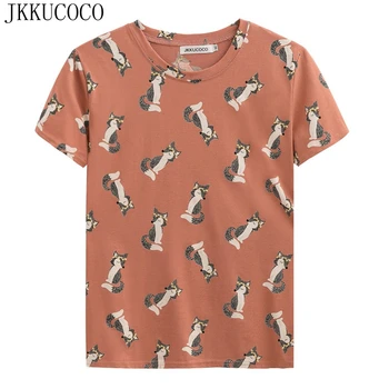 JKKUCOCO Veniec malý Fox Tlač Najvyššej kvality Bavlna t-shirt Ženy Topy Krátky Rukáv Bežné T-shirt Ženy Tričko Bežné tričko