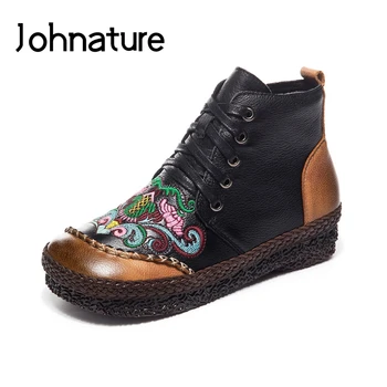 Johnature Originálny Kožený Retro 2020 Nové Jeseň dámske Topánky na Platforme, Topánky Kolo Prst Zip Cross-viazané Ručne Členková Obuv