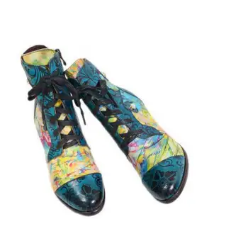 Johnature Ručne maľované Originálne Kožené Členkové Topánky dámske Topánky Ukázal Prst Námestie Päty 2020 Nové Zimné Cross-zviazané Ženy Topánky