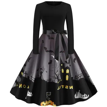 Junxi Wan Ženy Black Patchwork Elegantné Ročník Halloween Party Šaty Župan Femme Bežné Dlhý Rukáv Zimné Rockabilly Šaty
