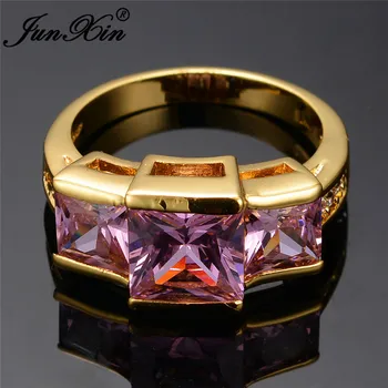 JUNXIN Luxusný Veľký Kameň Tri Štvorcový Zirkón Prstene Pre Ženy, Mužov Žlté Zlato Vyplnené Fialová/Zelená Kameň Royal Birthstone Šperky