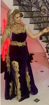 Kaftane Večerné Šaty s Odnímateľnou Vlak Vysoká Krku Zlaté Appliques Maroko Kaftan Velvet Morská víla arabské Moslimské Prom Party Šaty