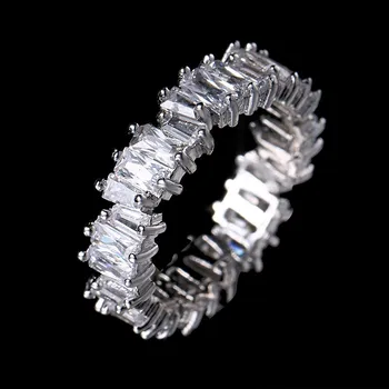 Kapela krúžky prst 925 Sterling SILVER ZAPOJENIE SVADOBNÉ Kamenný Kruh Luxusné PRIPRAVIŤ Emerald-cut-Diamond Platinové Šperky, Veľkoobchod