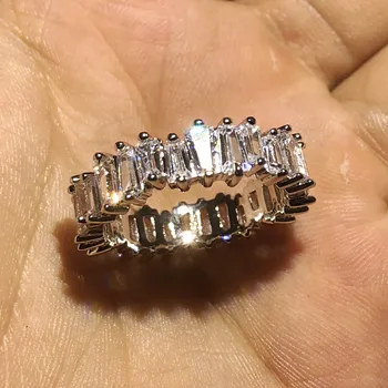 Kapela krúžky prst 925 Sterling SILVER ZAPOJENIE SVADOBNÉ Kamenný Kruh Luxusné PRIPRAVIŤ Emerald-cut-Diamond Platinové Šperky, Veľkoobchod