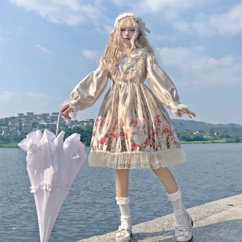 Kawaii Lolita šaty Patria Rozprávky Japonský Mäkké Dievča Bábiku Golier op Dlhý Rukáv Šaty Svetlo Lolita Denné šaty