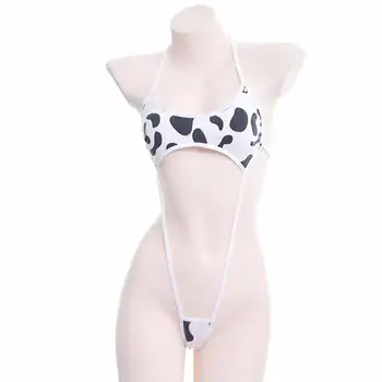 Kawaii Čierna Biela Krava Tlač Mini Backless Jeden Kus Micro Bikini Jumpsuit Erotický Sex Kostýmy Kombinézu pre Ženy Sexy spodnú Bielizeň