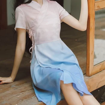 Každodenný Život Cheongsam Vylepšenú Verziu hanfu Gradient šaty žien oblečenie 2020 Čínsky štýl Letné Krátke Rukáv Šaty