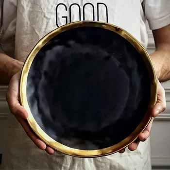 Keramické potravín tanier tanier domácnosti keramiky nepravidelné jedlo, šalátový tanier čierne zlato umývačky riadu Keramické dosky dropshipping
