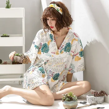 Kimono Ženy PyjamasSummer Bavlna Krátke Rukávy Dvoch-dielny Japonský Sexy Dievčatá Pyžamo Nastaviť Otvoriť Domov Košele a Obleky Sleepwear
