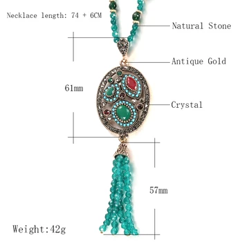 Kinel Luxusný Prírodný Kameň Náhrdelník Starožitné Zlata Green Crystal Korálky Strand Strapec Náhrdelník Pre Ženy Vintage Svadba Šperky