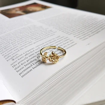 Kinel Ruže Kvet Krúžok Otvorte Nastaviteľné Prst Prstene pre Ženy Kapela 925 Sterling Silver 18K Zlato, Šperky, kórejčina