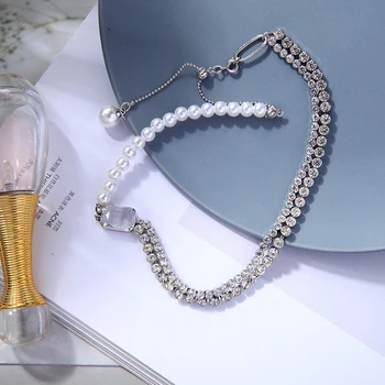Kissme Jedinečný Akryl Crystal Pearl Spájanie Reťazcov Choker Náhrdelníky Pre Ženy Geometrické Sklenený Prívesok Náhrdelník Módne Šperky