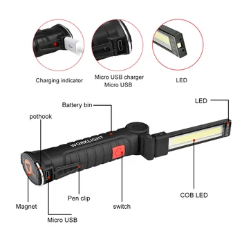 KLAS+LED Prenosné Baterka USB Pochodeň Pracovné Svetlo Magnetické Nabíjateľná Háčik na Zavesenie Vonkajšie Auto autoservis Núdzové Svietidlo