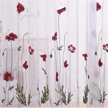 Klasické Biele Obyčajné, Vyšívané Červený Kvet Záclony Tylu pre Obývacia Izba Jednoduché Pastoračnej Okno Obrazovka Voile Opony spálne