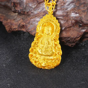 Klasické Žlté Zlato 24K Náhrdelník Prívesok Pre Ženy, Mužov Buddha Guanyin Tvar Prívesok Konopné Lano Náhrdelníky Jemné Šperky Dary