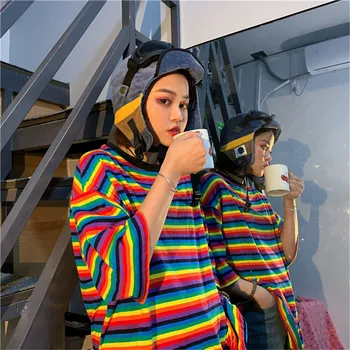 Korobov Harajuku Lete Nové Pruhované Žien T shirt O-Krku Krátky Rukáv Rainbow Tee Streetwear Módy Ženské Tričká 76984