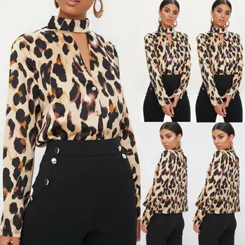 Košele Plus Ženy Leopard Pirnt Blúzky Veľkosti, Blúzky Dlhý Rukáv, plavky s uväzovaním za Krk Tričko Bežné Blúzky Jeseň Fashion blusas