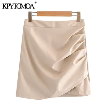 KPYTOMOA Ženy 2020 Elegantné Módne Faux Kožené Skladaný Mini Sukne Vintage Vysoký Pás Späť na Zips Ženské Sukne Mujer