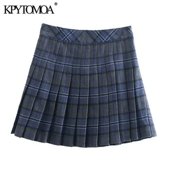 KPYTOMOA Ženy 2021 Elegantný Módy S Podšívkou Skladaný Mini Sukne Vintage Vysoký Pás Bočné Zips Ženské Sukne Mujer