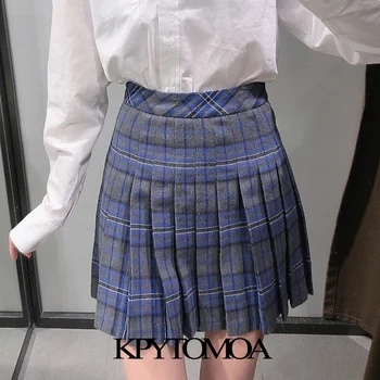 KPYTOMOA Ženy 2021 Elegantný Módy S Podšívkou Skladaný Mini Sukne Vintage Vysoký Pás Bočné Zips Ženské Sukne Mujer