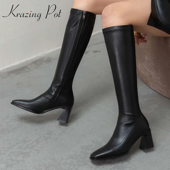 Krazing Bank námestie prst vysokým podpätkom zimné topánky, Európsky štýl jednoduchý dizajn, pevné mladá dáma udržať v teple základné koleno-vysoké topánky L8f0