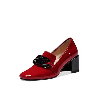 Krazing hrniec 2020 veľká veľkosť hovädzie kože červenej farby Reťazca loafer vysoké podpätky značky jar topánky office lady šaty žien čerpadlá L5f1