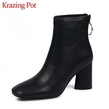 Krazing Hrniec jednoduchý štýl čiernej farby pravej kože štvorcové prst vysoké podpätky office lady zip zime teplé základné členková obuv L06