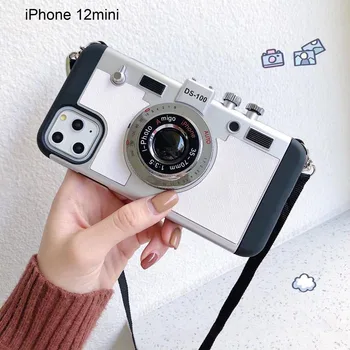 Kreatívne Retro Fotoaparát Tvar Telefónu Prípade Shockproof Mäkké TPU Ochranný Kryt pre iPhone 12 Mini 12 Pro Max s Závesné Lano