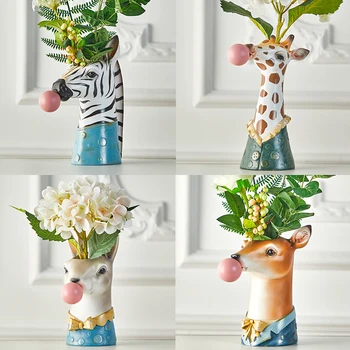 Kreatívne váza, Nordic štýl roztomilý kreslený zvieracie hlavy živice váza domova príslušenstvo moderné Svadobné dekorácie dovolenku dary