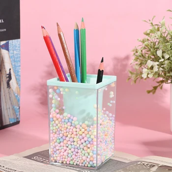 Kreatívne Zaoblený Tvar Štvorca Peračník Roztomilé Ružové Transparentné Pero Držiak Veľkokapacitný Úložný Box Pre Školy Papiernictvo Box