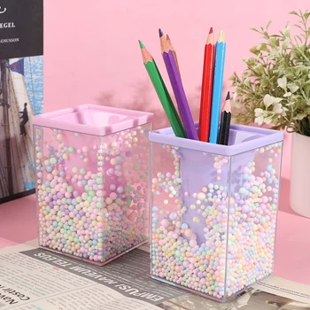 Kreatívne Zaoblený Tvar Štvorca Peračník Roztomilé Ružové Transparentné Pero Držiak Veľkokapacitný Úložný Box Pre Školy Papiernictvo Box