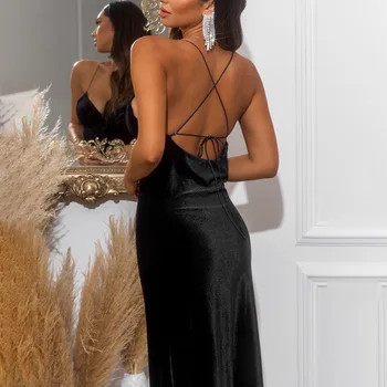 Kryptografické Bez Rukávov Sexy Backless Obväz Zviazať Midi Šaty Fashion Club Party Elegantné Velvet Split Šaty Jar 2021