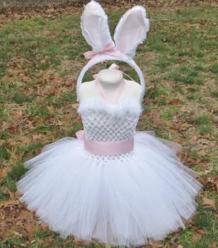 Krásne Baby Veľkonočné Tutu Šaty Dievčatá White Rabbit Perie Šaty s Ružovým Uši Hairbow Deti Narodeninovej Party Cartoon Kostým, Šaty